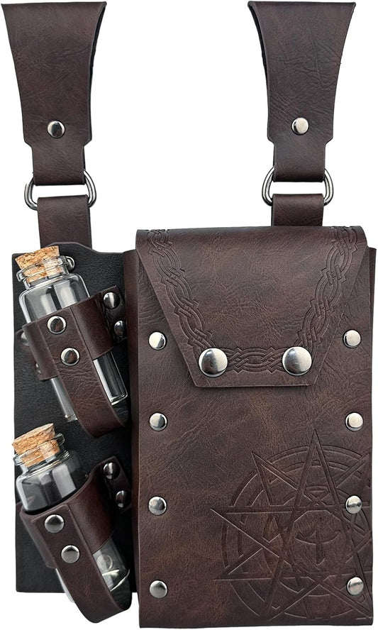 HiiFeuer Medieval Alchemy Faux Leather Belt Bag with 4 Cork Potion Vials,Fantasy Wizard Waist Pouch Side Pack for Halloween
