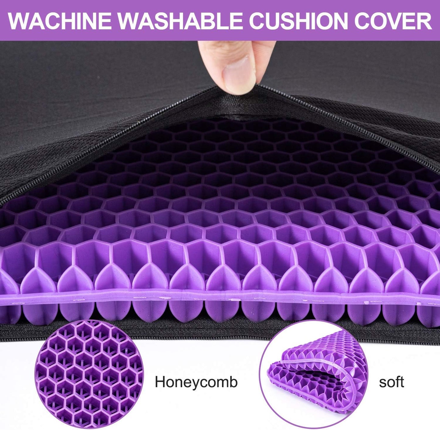 Gel Seat Cushion -for Long Sitting, Double Layer Breathable Honeycomb Chair Cushion with Non-Slip Cover for Help Relieve Pain, for Office Chair, Cars, Long Trips，Durable,Portable
