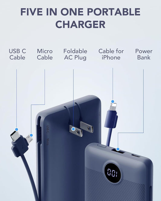 Portable Charger Built-in Cables and AC Wall Plug, VRURC USB C Power Bank 10000mAh, [2025 Upgraded Version] Phone Charger Compact Lightweight External Battery Pack for Smart Phones,Navy Blue