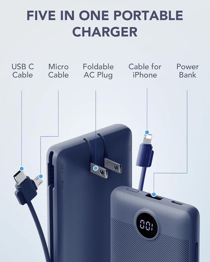 Portable Charger for iPhone, 10000mAh Power Bank with Built-in Cables & AC Wall Plug, USB C Phone Charger 5 Output External Battery Pack Compatible with iPhone Samsung Google Pixel Android -White