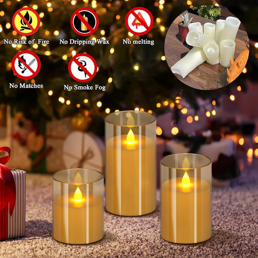 Flameless Led Candles Flickering, Candle Real Wax Fake Wick Moving Flame Faux Wickless Pillar Battery Operated Candles with Timer Remote Acrylic Effect for Festival Wedding Home Party Decor