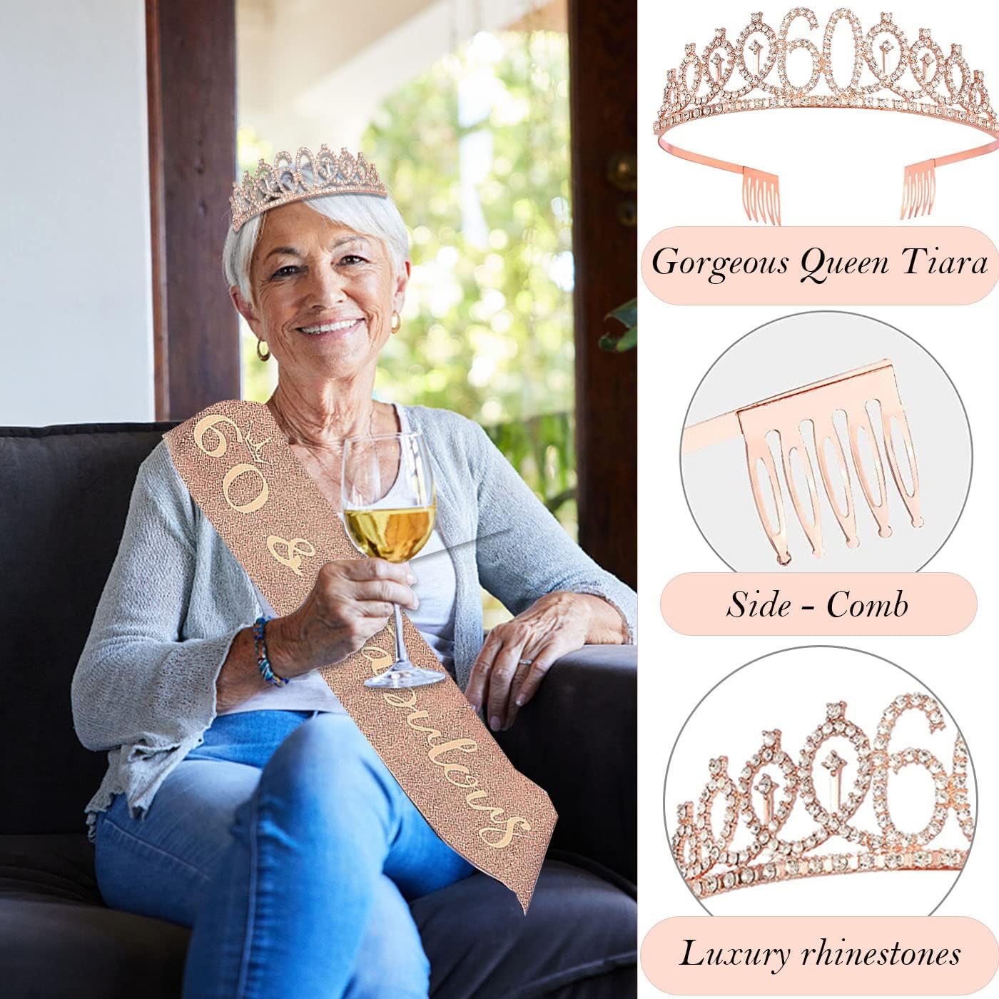 8pcs 40th Birthday Decorations gifts for Women, Including 40th Happy Birthday Cake Topper, Queen Sash with Pearl Pin, Sweet Rhinestone Tiara Crown for Women, Number Candles and Balloons (Rose Gold)