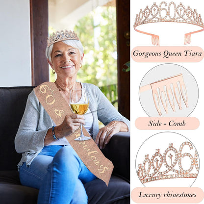 8pcs 40th Birthday Decorations gifts for Women, Including 40th Happy Birthday Cake Topper, Queen Sash with Pearl Pin, Sweet Rhinestone Tiara Crown for Women, Number Candles and Balloons (Rose Gold)