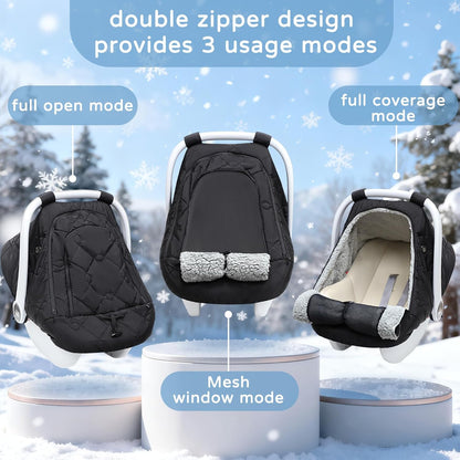 Winter Car Seat Cover for Baby Girl & Boy – Waterproof Infant Car Seat Canopy with Breathable Mesh, Thick Warm Fleece, Weather-Resistant Baby Winter Essential for Stroller & Carrier, Universal Fit, Black