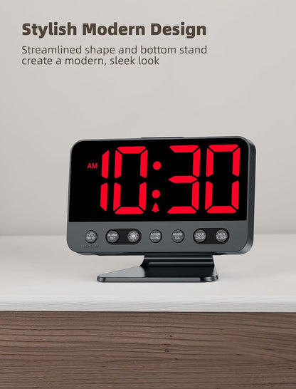 Odokee Digital Alarm Clocks for Bedrooms: Large Bold Number 5 Brightness Dimmer - Easy to Read Across The Room - 5 Alarm Sound 8 Night Light - Silver