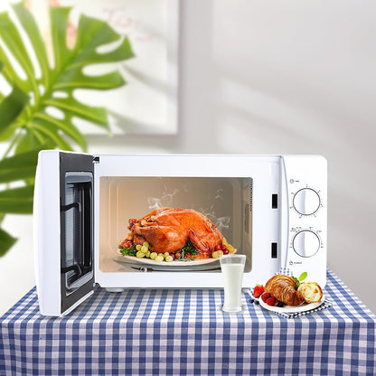 Compact Mechanical Microwave Oven, White, 20L Capacity, Manual Control with Timer and Temperature Dials, Countertop Kitchen Appliance