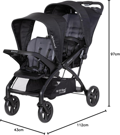 Baby Trend Sit n Stand Double 2.0 Stroller - Convertible Multi-Use Easy Fold Travel Toddler & Baby Tandem Double Stroller with Safety Harness and Storage Basket - Dash Black
