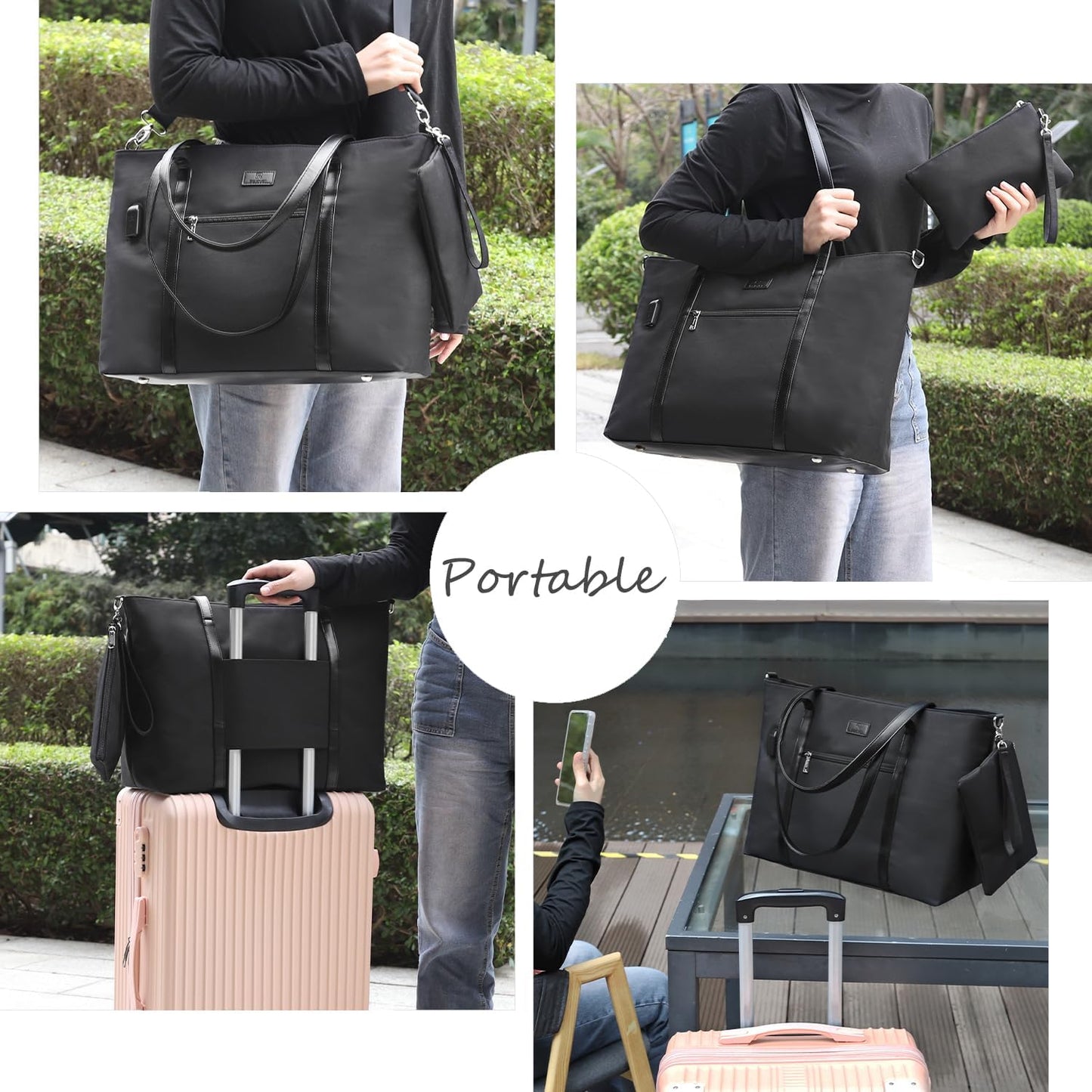 Laptop Bag for Women 17.3 Inch Laptop Tote Bag Large Work Tote Bag Waterproof Work Bag Teacher Bag with USB Charging Port Computer Tote Bag Nylon Handbag Satchel Shoulder Bag(17.3 inch, Black) - PuriLite