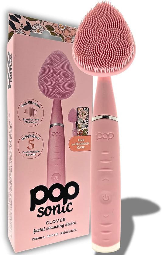 Pop Sonic Clover Facial Cleansing Device- Silicone Pore Cleaning Tool w/Case- 8000VPM, USB Charging Skin Care Tools for Face (Pink)