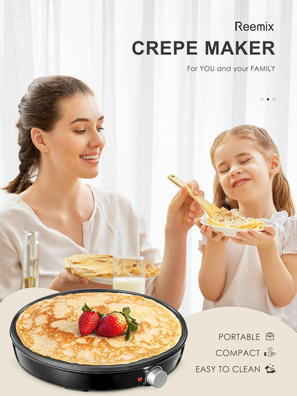 Crepe Maker Machine, Reemix Compact Pancake Griddle Precise Temperature Control, Nonstick 12” Electric Griddle, Batter Spreader for Eggs, Pancakes, Omelets and Quesadillas, Includes Spatula, Spreader