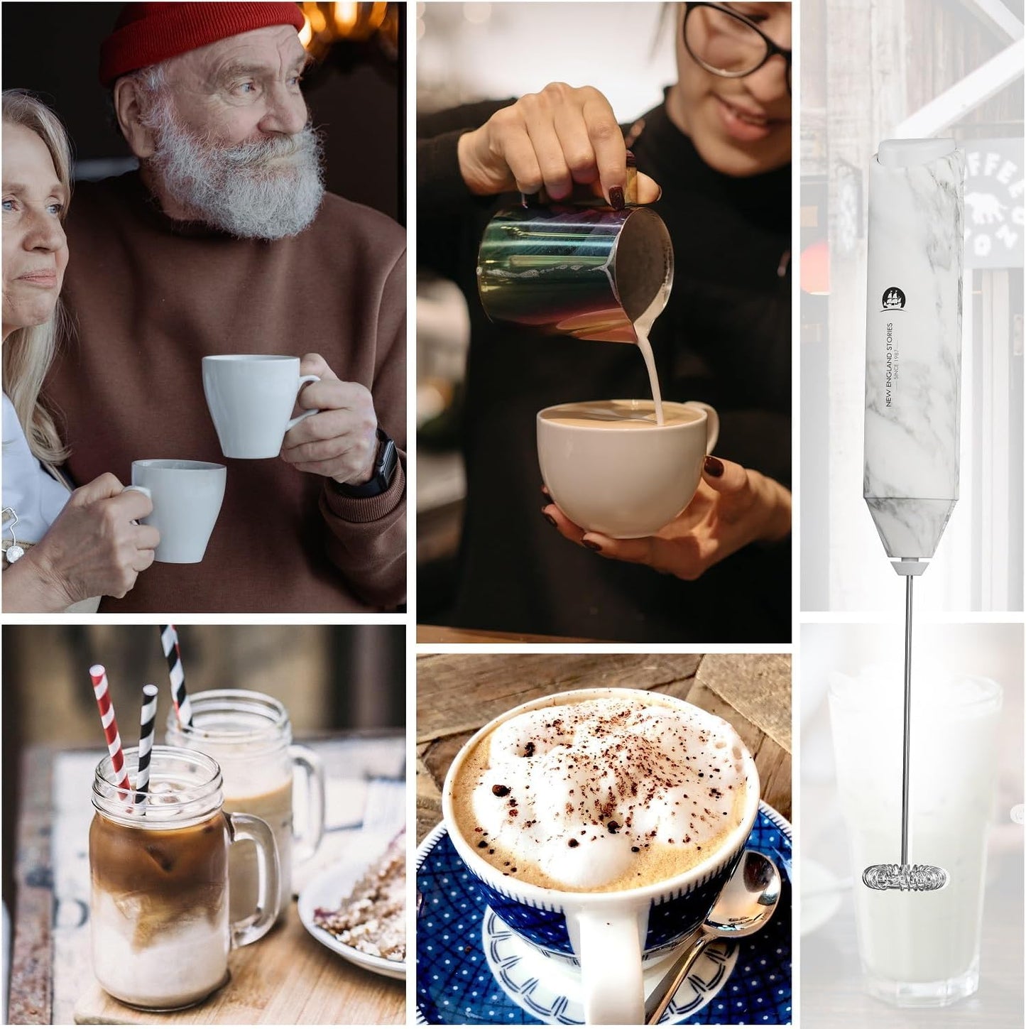 Powerful Milk Frother Handheld Foam Maker, Mini Whisk Drink Mixer for Coffee, Cappuccino, Latte, Matcha, Hot Chocolate, With Stand, Black