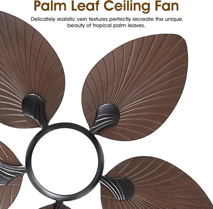 Wiviniya Ceiling Fans with Lights and Remote/APP Control, 44 Inch Tropical Palm Leaf Ceiling Fan with LED Lights, Outdoor Ceiling Fans for Patios Porch, Reversible Quiet Motor, Dimmable, Light Brown