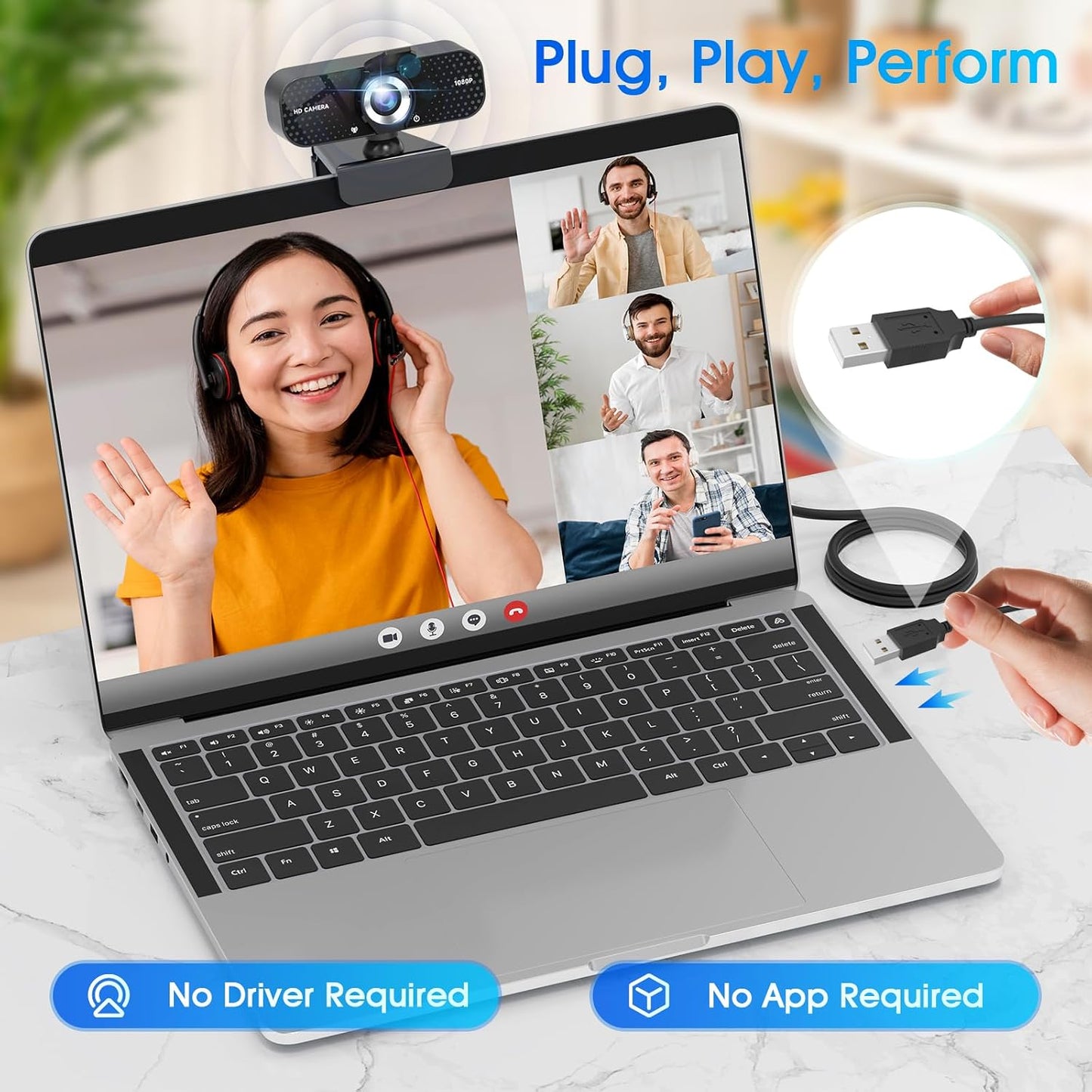 1080P Full HD Webcam with Auto Light Correction, Noise-Canceling Mic, Privacy Cover and Wide Angle Lens, Plug & Play USB Camera for Desktop/Laptop/Mac/PC, Compatible with Teams/Zoom/Skype/Streaming