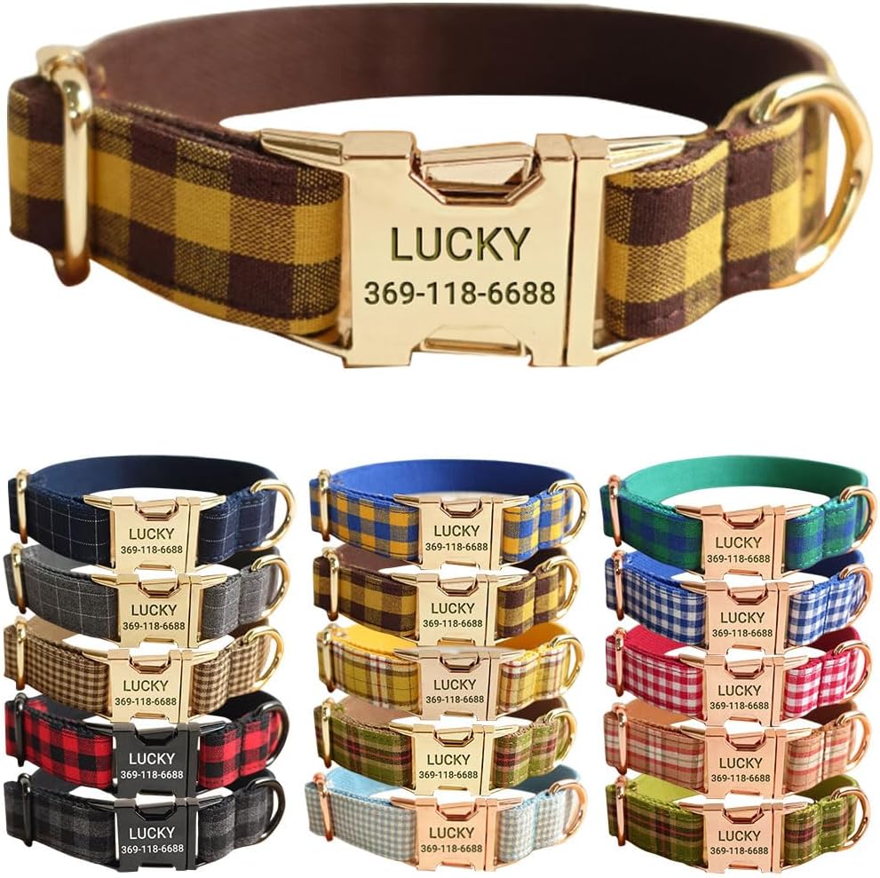 PETDURO Personalized Buffalo Plaid Dog Collar Red Black - Engraved Name and Phone Number on Black Metal Buckle - Custom for Small Medium Large Boy Girl Dogs - Add Leash Bow Tie via Customize Now