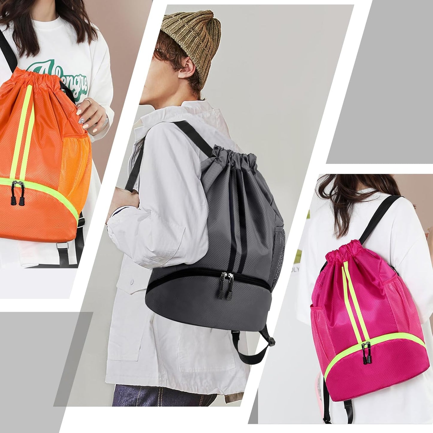 Hoedia Sports Drawstring Backpack - String Swim Gym Bag with Shoes Compartment and Wet Proof Pocket for Women/Men
