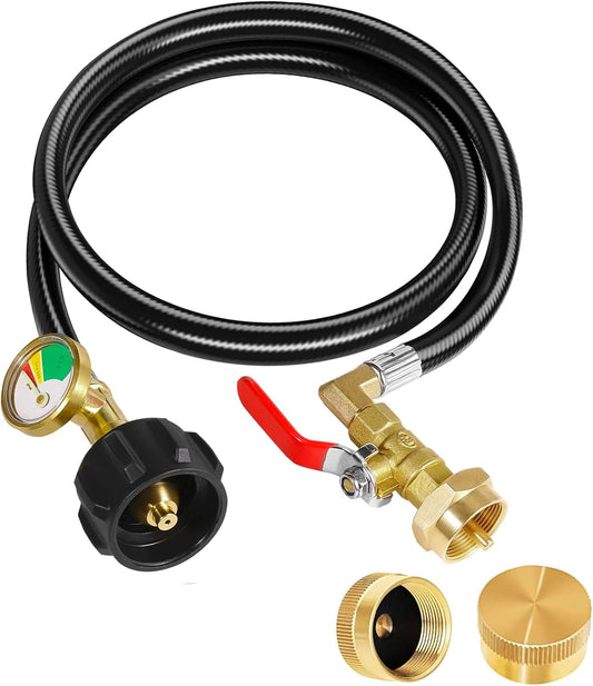Propane Refill Adapter 20lb to 1lb Camping, Upgrade 3FT/36inch Propane Tank Refill Adapter Hose with Guage and ON-Off Control Valve, 2 Bottle Caps Included (PVC)