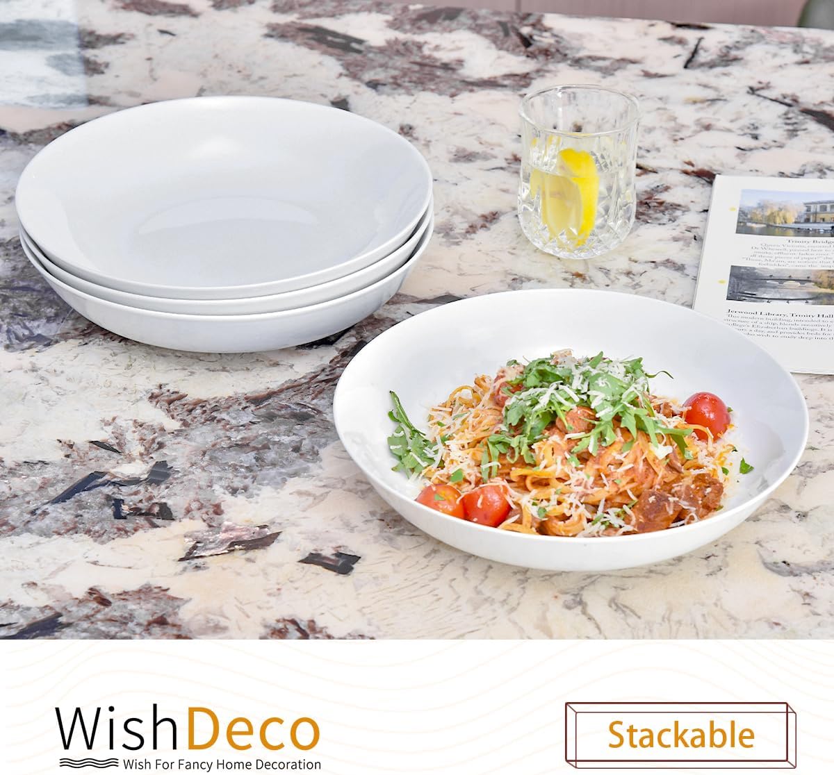 WishDeco White Pasta Bowls Set of 4, Porcelain Salad Bowls 37 oz / 1100 ml, Wide and Shallow Serving Bowl 9 Inch / 23 cm, Large Pasta Plates, Serving Dishes for Soup, Dinner, Microwave Safe