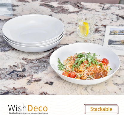 WishDeco White Pasta Bowls Set of 4, Porcelain Salad Bowls 37 oz / 1100 ml, Wide and Shallow Serving Bowl 9 Inch / 23 cm, Large Pasta Plates, Serving Dishes for Soup, Dinner, Microwave Safe