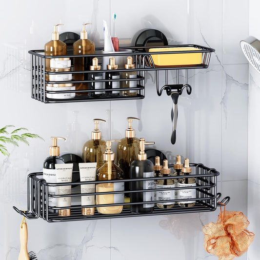 LEVERLOC Shower Caddy Suction Cup, 2 Pack Black Shower Shelf with Hooks and Soap Holder, NO-Drilling Bathroom Organizer, Rustproof Metal Bathroom Storage and Organization