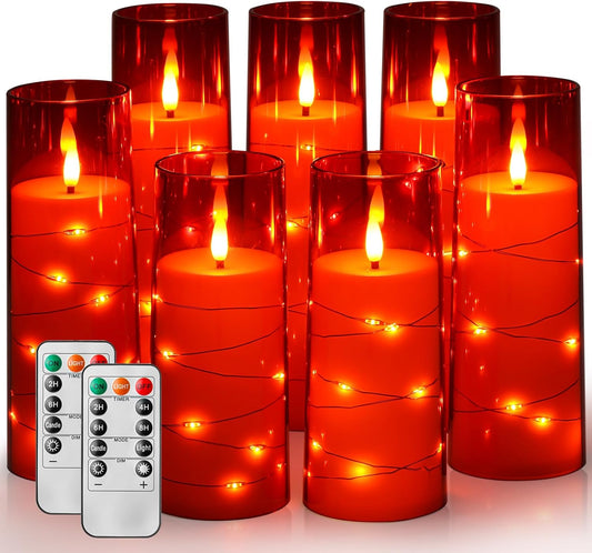 Liomus Flickering Flameless Candles, LED Pillar Canldes with String Light, Battery Operated Remote Control Timer Flameless Candles (D2.3 x H5 6 7in) for Wedding Christmas Home Decor - A Set of 7 - Red