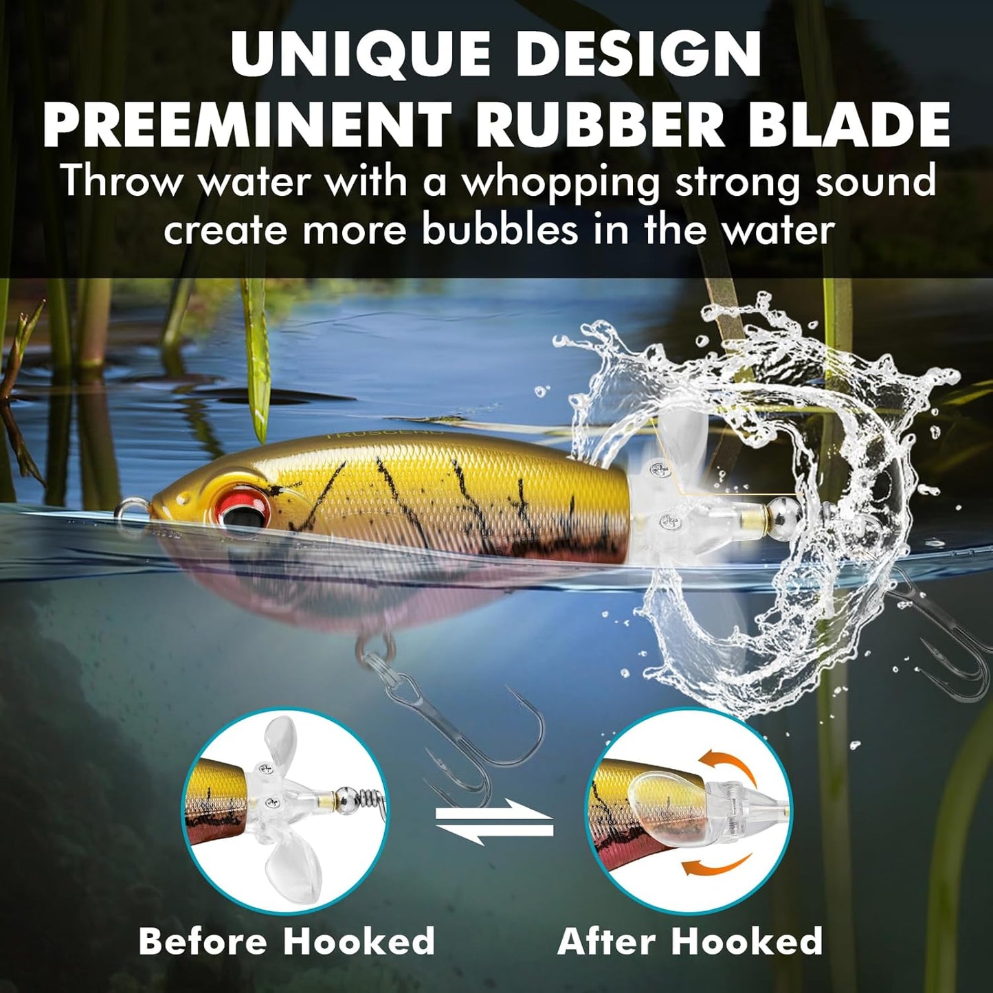 TRUSCEND PoPobait with BKK Hooks, Top Water Plopper Fishing Lures for Bass Walleye Pike Catfish Musky Perch, Floating Lure for Freshwater or Saltwater, Amazing Teasers Fishing Gifts for Family Fishing