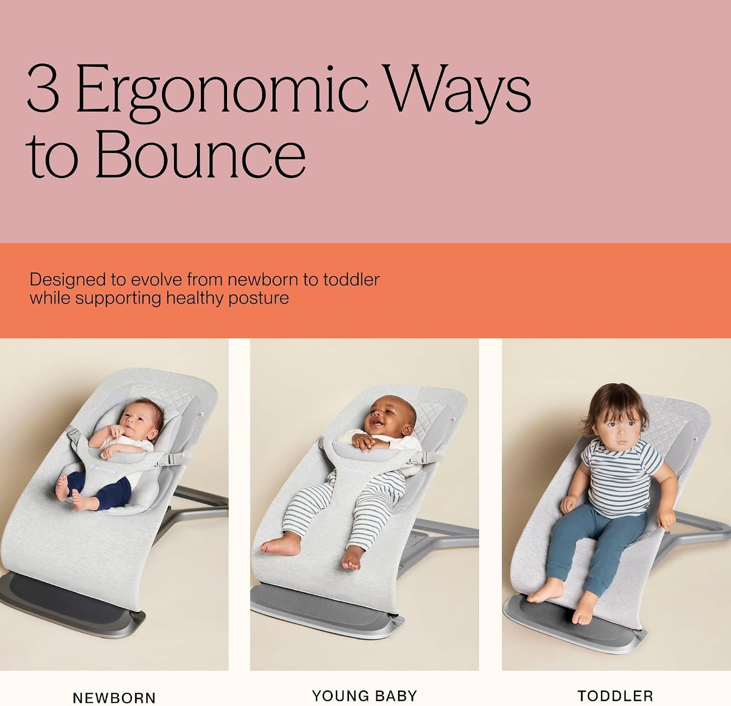 Ergobaby Evolve 3-in-1 Bouncer Seat for Babies and Toddlers 5.5-25 lbs Multi Position Baby Bouncer Seat with Adjustable Heights, Secure Harness, Newborn Insert, Light Grey