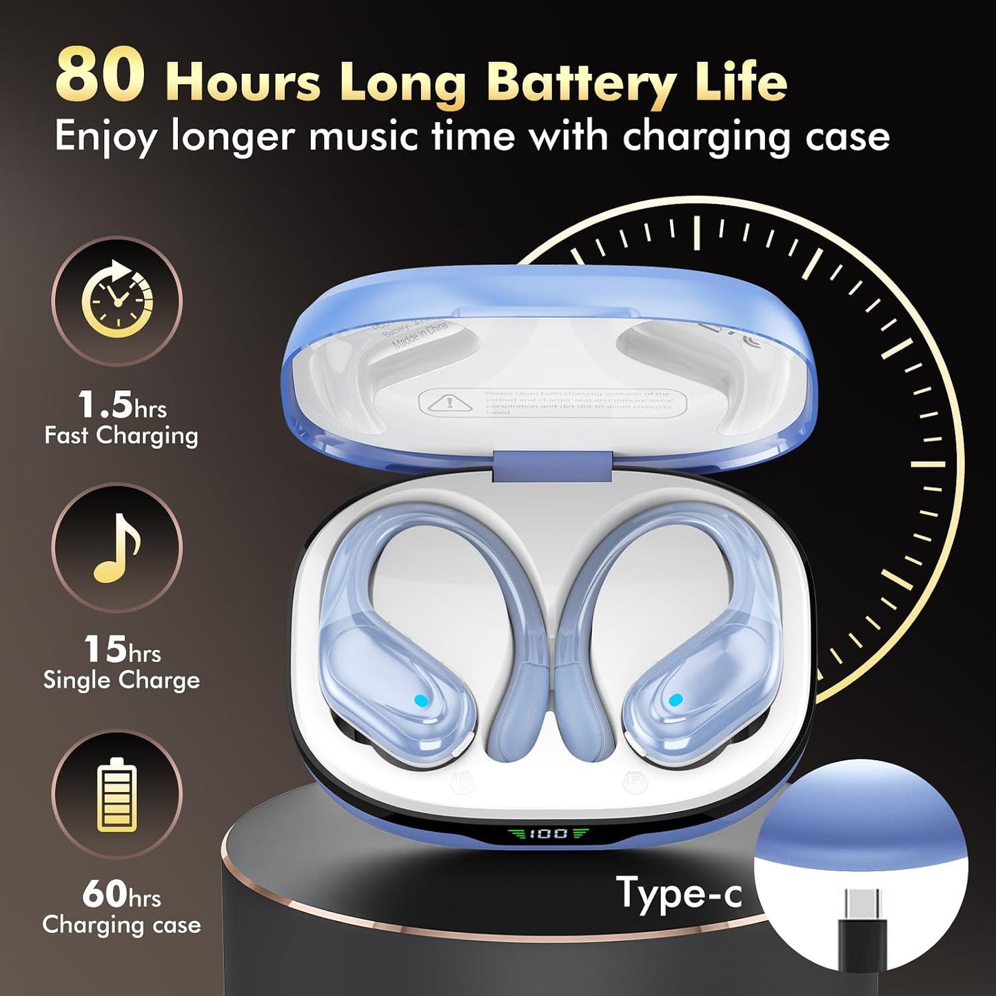 Wireless Earbuds, Sports Bluetooth Headphones, 80Hrs Playtime Ear Buds with LED Power Display, Noise Canceling Headset, IPX7 Waterproof Earphones for Workout/Running （Blue）