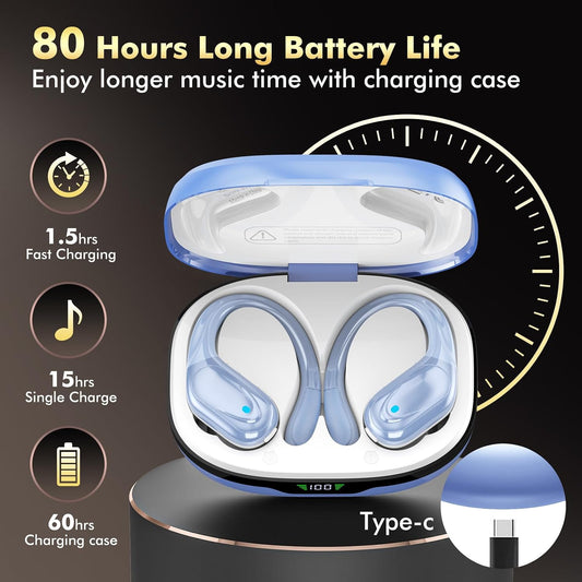 Wireless Earbuds, Sports Bluetooth Headphones, 80Hrs Playtime Ear Buds with LED Power Display, Noise Canceling Headset, IPX7 Waterproof Earphones for Workout/Running （Blue）