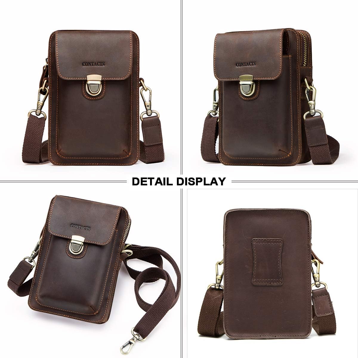 Contacts Men Waist Pack Small Shoulder Bag Pouch Purse Genuine Leather Vintage Travel Cell Phone Bag with Card Holder
