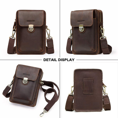 Contacts Men Waist Pack Small Shoulder Bag Pouch Purse Genuine Leather Vintage Travel Cell Phone Bag with Card Holder
