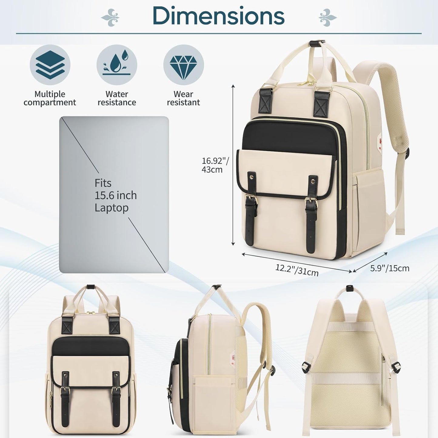 RAINSMORE Laptop Backpack 15.6 Inch for Women Large Travel Backpack with USB Charging Port Water Resistant
