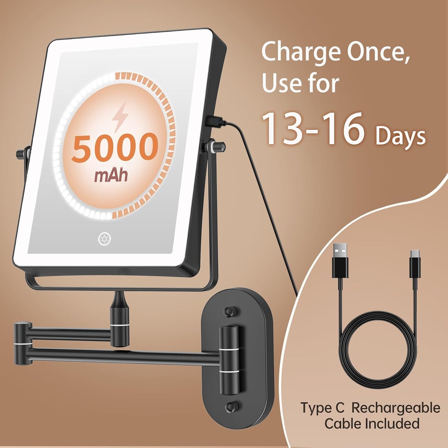 FASCINATE Rechargeable Wall Mounted Makeup Mirror, 8.7" Double Sided Touch Switch 1X 30X Rectangle Magnifying Mirror with Light, 3 Color Setting, Extended Arm 360° Swivel Foldable Black