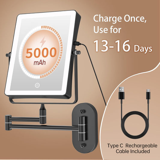 FASCINATE Rechargeable Wall Mounted Makeup Mirror, 8.7" Double Sided Touch Switch 1X 30X Rectangle Magnifying Mirror with Light, 3 Color Setting, Extended Arm 360° Swivel Foldable Black