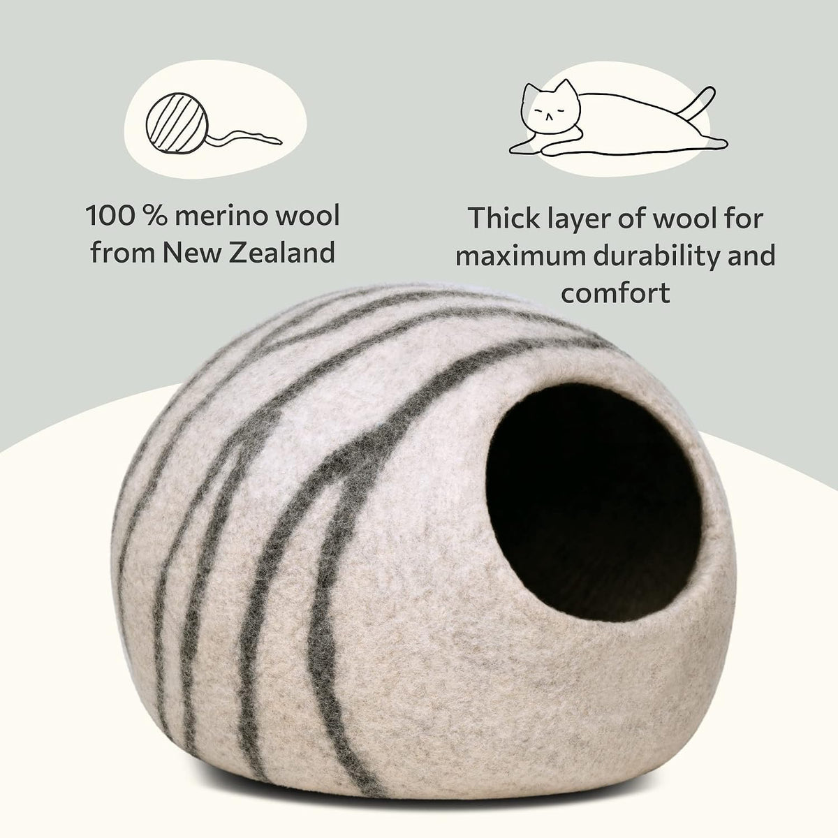 MEOWFIA Cat Cave - New Zealand Wool Bed for Indoor Cats (Light Grey)