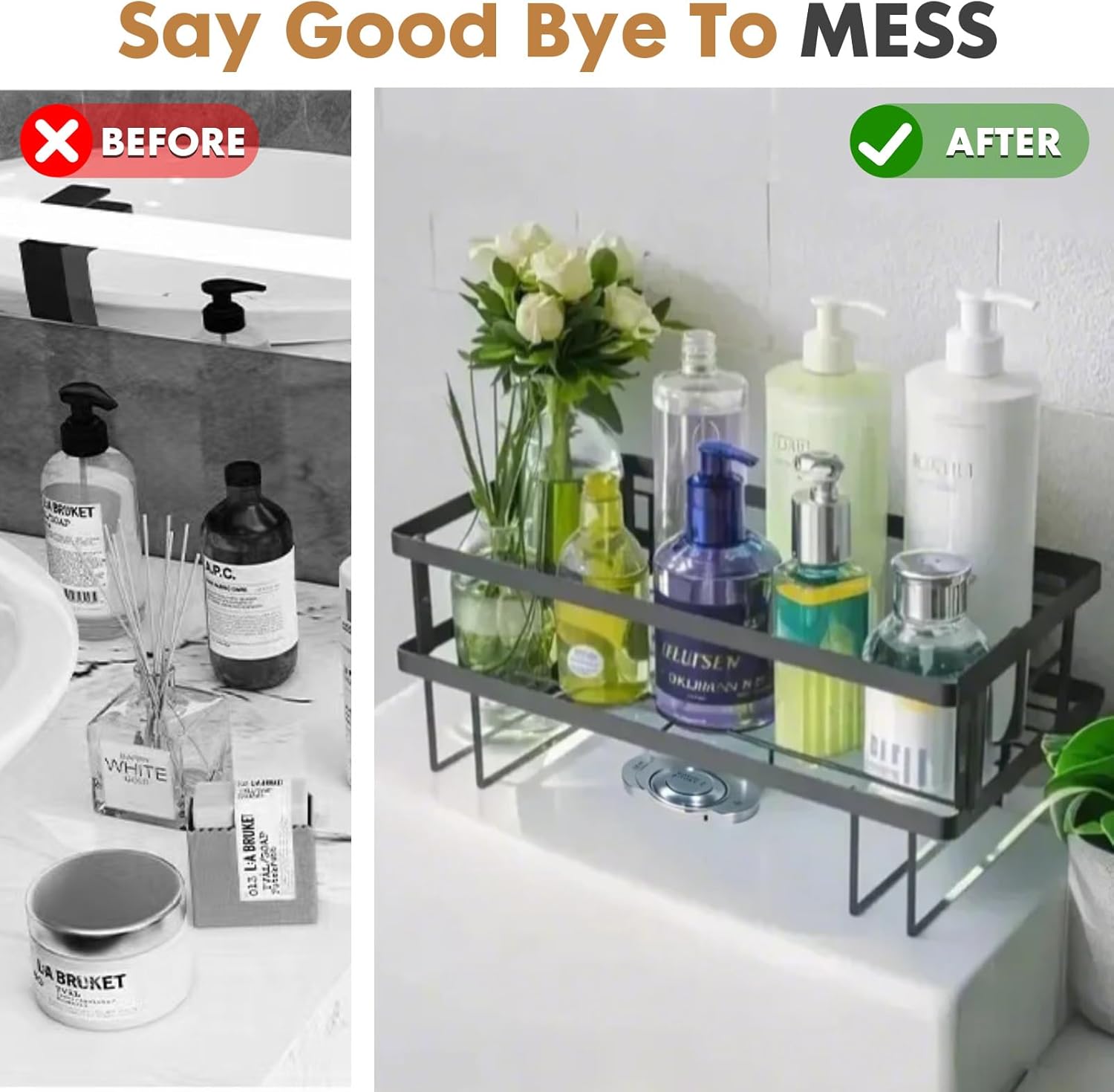 Over the Toilet Storage Shelf with Hooks, Punch-Free Bathroom Organizer Rack, Rust-Resistant Metal Space-Saving Shelf, Black - PuriLite
