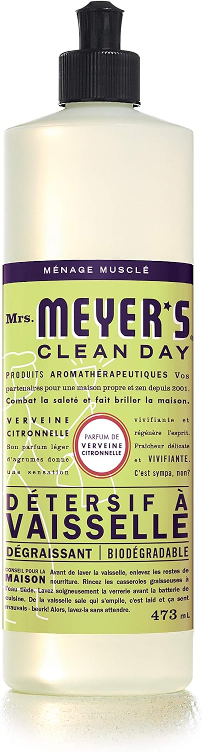 Mrs. Meyer's Clean Day Dish Soap, Cruelty Free and Biodegradable Dishwashing Liquid, Lemon Verbena Scent, 473 ml Bottle - PuriLite