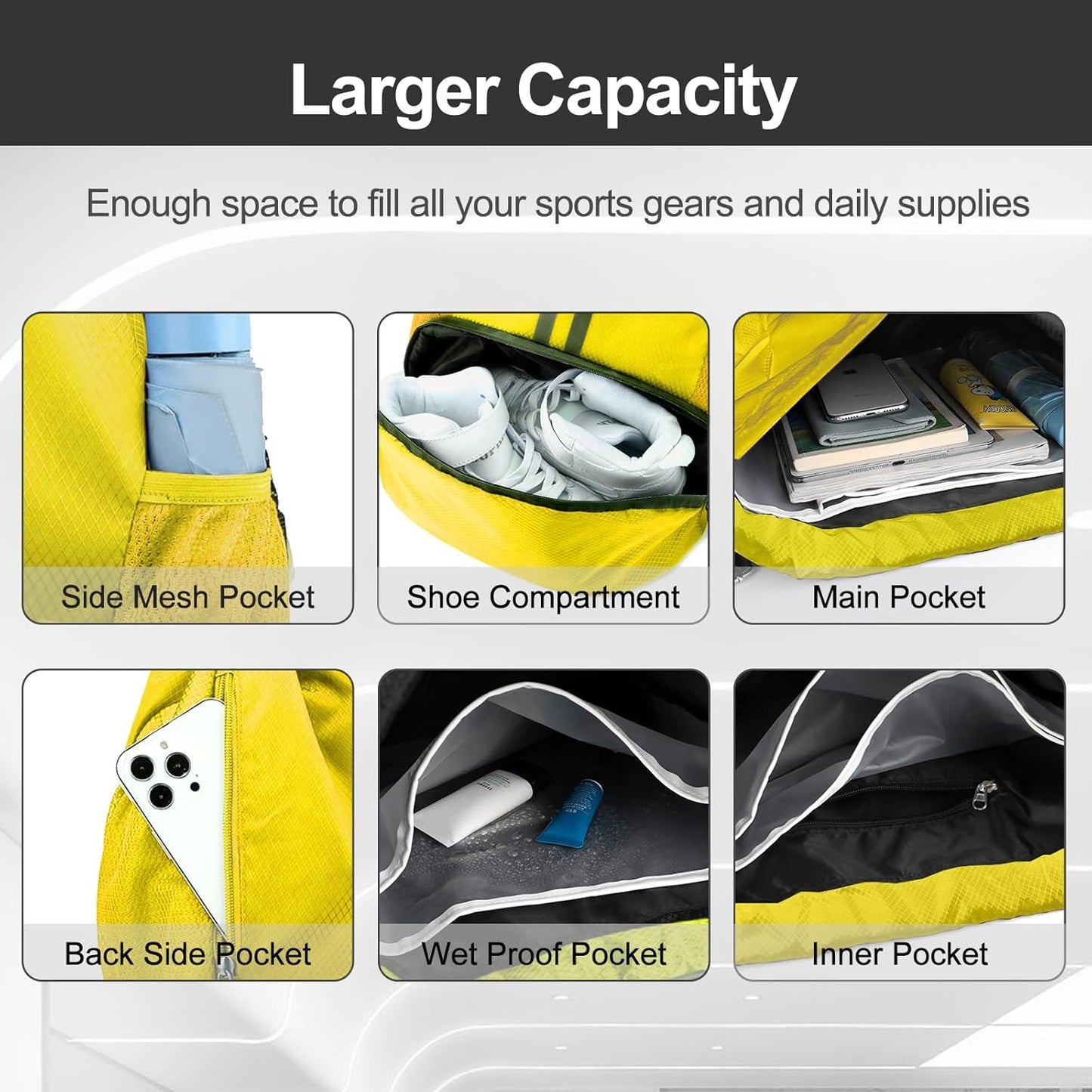 Hoedia Sports Drawstring Backpack - String Swim Gym Bag with Shoes Compartment and Wet Proof Pocket for Women/Men