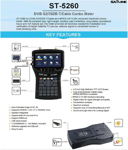ST5260 Satellite Finder DVB-S2/ISDB-T/Cable Combo Signal Meter H.265 1080p 4.3inch St-5260