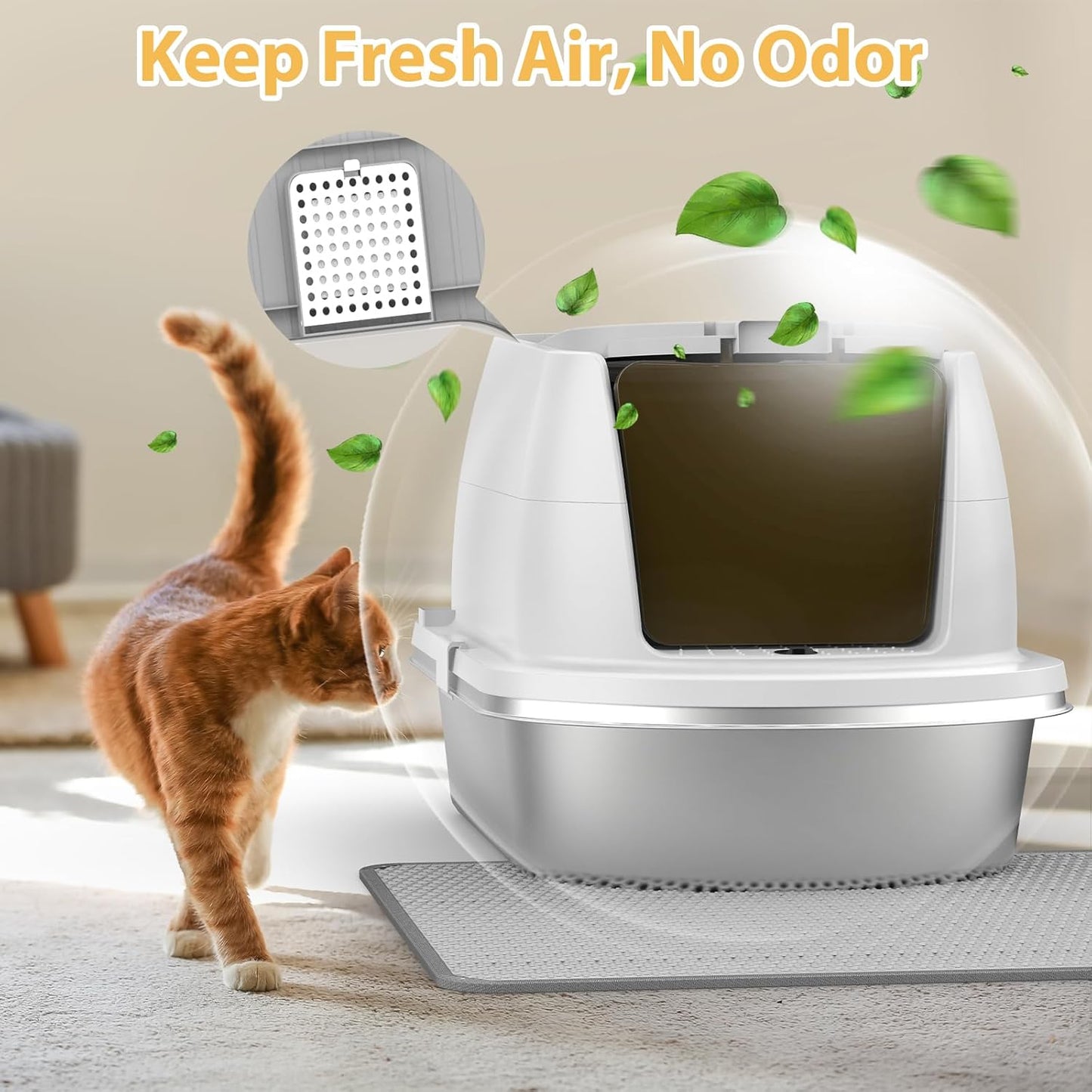 OGEMXU Stainless Steel Litter Box with Lid, Top Entry Covered Kitten Litter Box, Enclosed Litter Tray for Easy Cleaning & Odor Control, Includes Scoop and Litter Mat, Gray