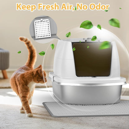 OGEMXU Stainless Steel Litter Box with Lid, Top Entry Covered Kitten Litter Box, Enclosed Litter Tray for Easy Cleaning & Odor Control, Includes Scoop and Litter Mat, Gray
