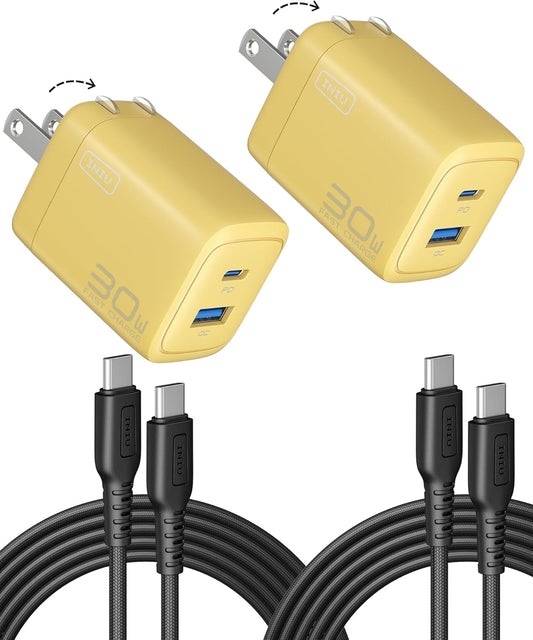 INIU USB C Charger, 2-Pack 30W PD QC 3.0 Dual Port Fast Charging Type C Charger Block with 5ft USB-C Cable, Compact USB C Wall Charger with Foldable Plug for iPhone 16 15 Pro Max Samsung S23, Yellow - PuriLite