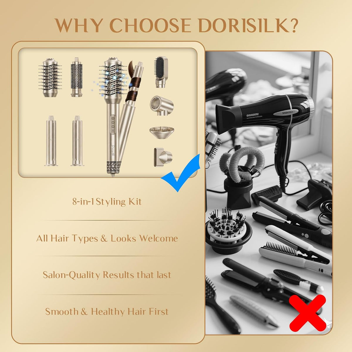 DORISILK 8 in 1 Hair Styler & Blow Dryer Brush Hair Dryer 110,000 RPM High-Speed, Ionic Hot Brush Styler Auto Wrap Curlers, Frizz-free for Fast Drying Straightening Curling Volumizing, Champagne Gold