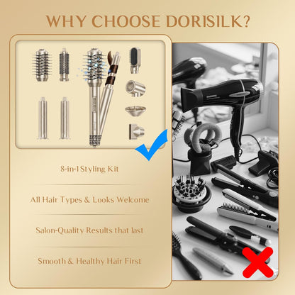DORISILK 8 in 1 Hair Styler & Blow Dryer Brush Hair Dryer 110,000 RPM High-Speed, Ionic Hot Brush Styler Auto Wrap Curlers, Frizz-free for Fast Drying Straightening Curling Volumizing, Champagne Gold