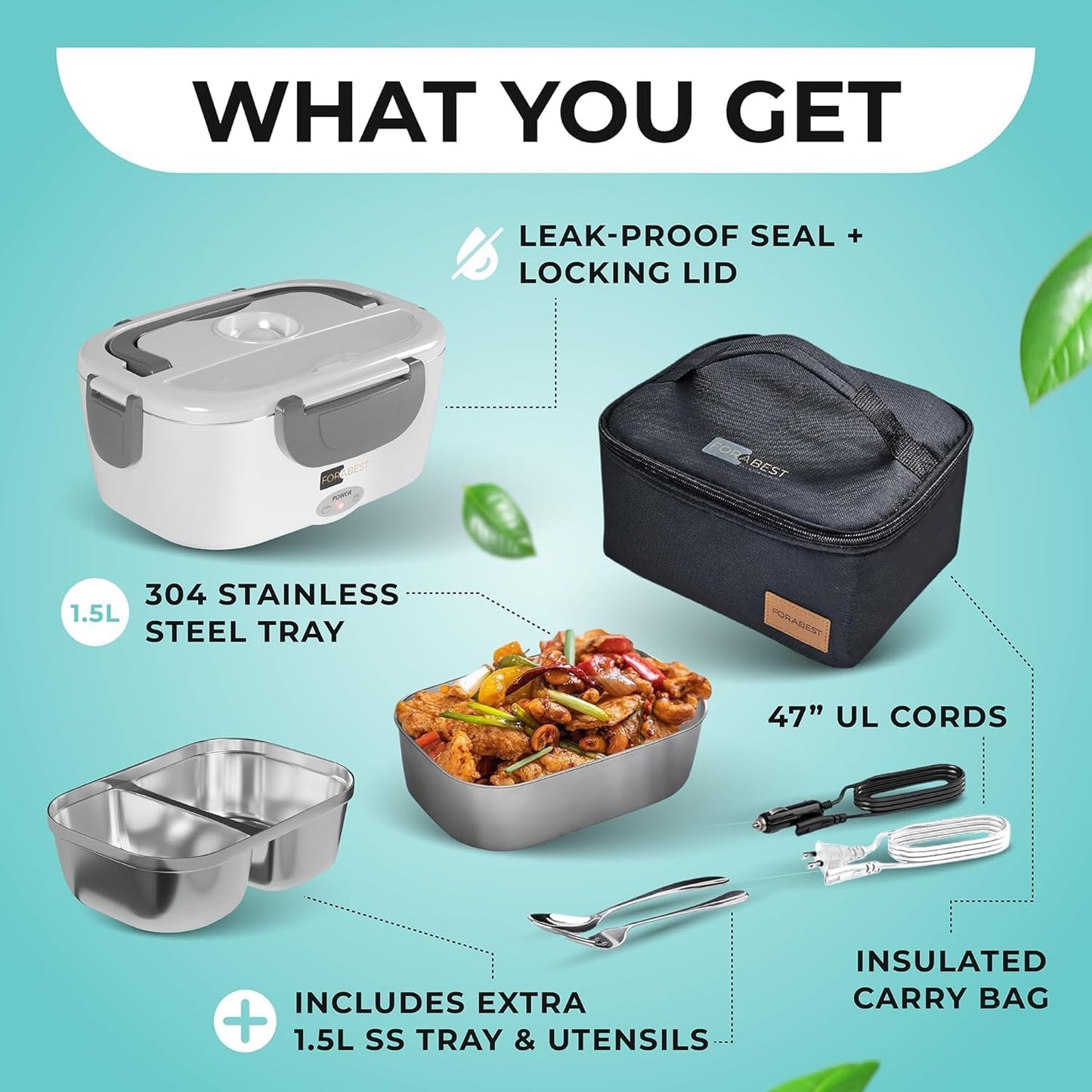 FORABEST Electric Lunch Box Food Heater 80W 1.5L Stainless Steel Heated Lunch Box for Men & Women, Universal 12/24/110/220V Self Heating Lunch Box for Car, Truck & Work, Portable Food Warmer lunch box