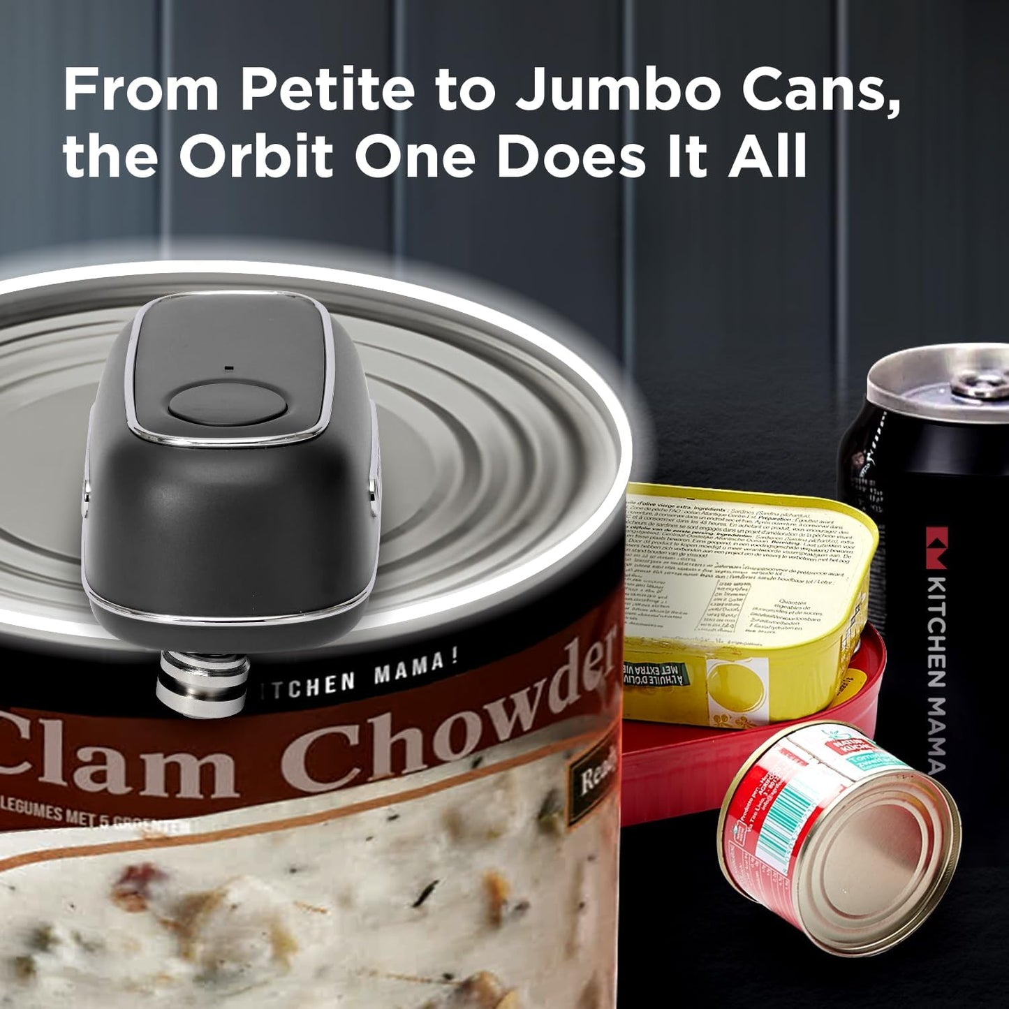 Kitchen Mama Orbit One Stainless Steel Rechargeable Electric Can Opener: Hands-Free, USB-C Charging, Automatic Stop, Smooth Edge, Safety, Blade for Large Cans, Heavy Duty, Soda Can and Pop Can