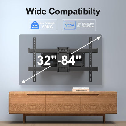 Suptek Full Motion TV Wall Mount for 32 to 84 Inch TV, Swivel and Tilt with Articulating Dual Arms, Max VESA 600X400mm, Holds up to 132lbs, Fits Max 16" Wood Studs, MA01A