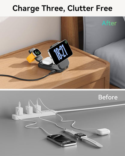 INIU 3 in 1 Wireless Charging Station, Qi2 Certified 15W Travel Charger for Apple Multiple Devices, Foldable Charger Stand for iPhone 16 15 14 13 12 Series Apple Watch AirPods (with Adapter)