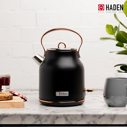 Haden 75041 Heritage 1.7 Liter (7 Cup) Stainless Steel Electric Kettle with Auto Shut-Off and Boil Dry Protection, Black/Copper