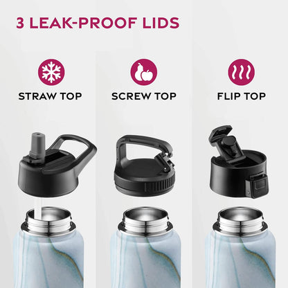 FineDine Water Bottle - Stainless Steel Insulated Water Bottle with Straw Lid, Flip Lid & Wide-Mouth Cap - Keeps Hot and Cold - 25 Oz / 739ml - Pure Pearly White