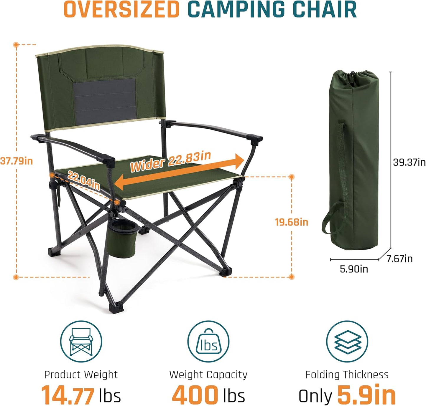 Folding Camping Chairs 2 Pack, Heavy Duty Camping Chairs for Adults Steel Frame Support 400 lbs, Metal Arm Lawn Chairs with Swivel Cup Holder, Hollow Backrest Camp Chair, Outdoor Sports Chairs, Green